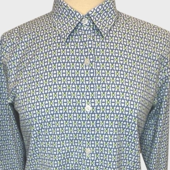 Talbots Wrinkle Resistant Shirt Womens 12 P Blue Geometric 3/4 Sleeve Button Up - Picture 3 of 6